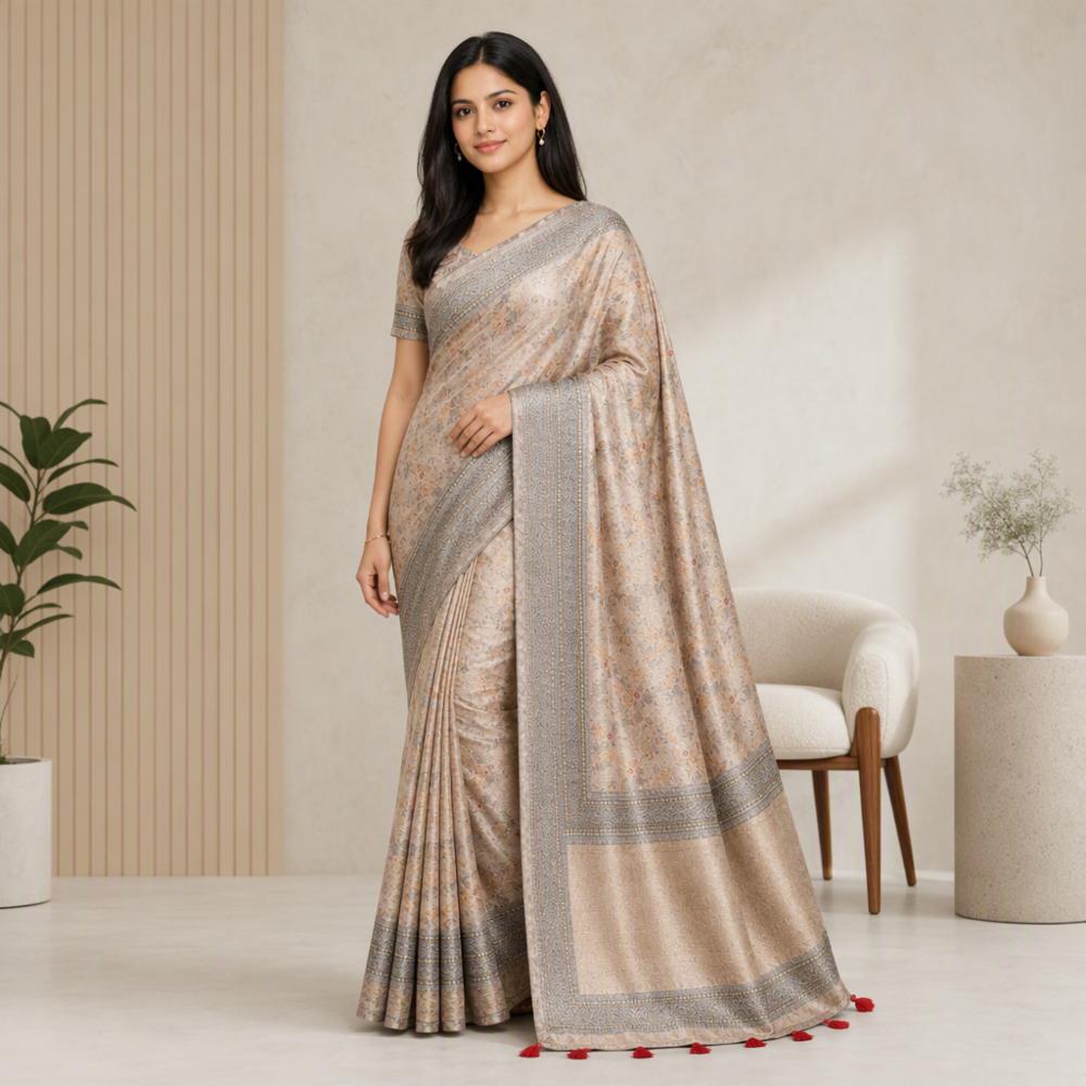 Beige Silk Saree with Grey Zari Border and Printed Pallu