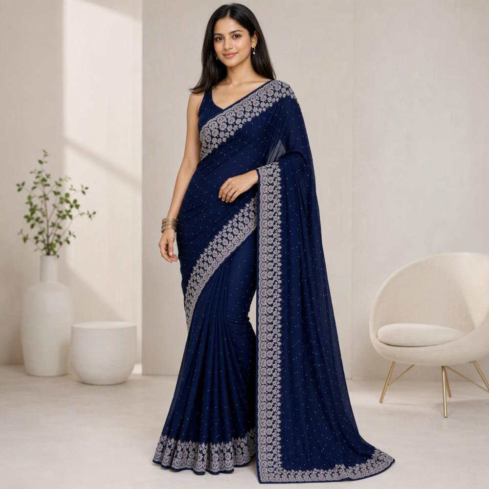 Navy Blue Saree with Silver Floral Embroidered Border & Pallu