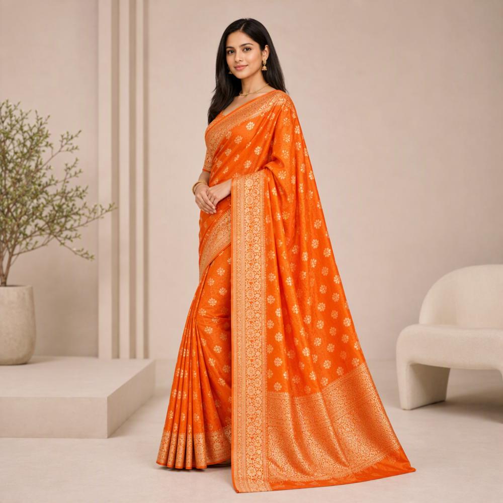 Orange Silk Saree with Golden Floral Zari Work and Designer Border