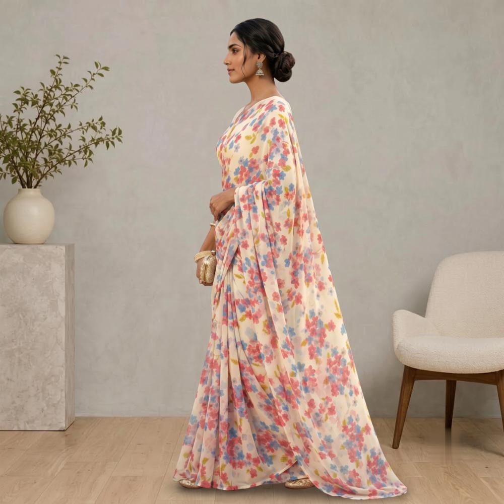 Semi Georgette Floral Printed Saree with Blouse Piece