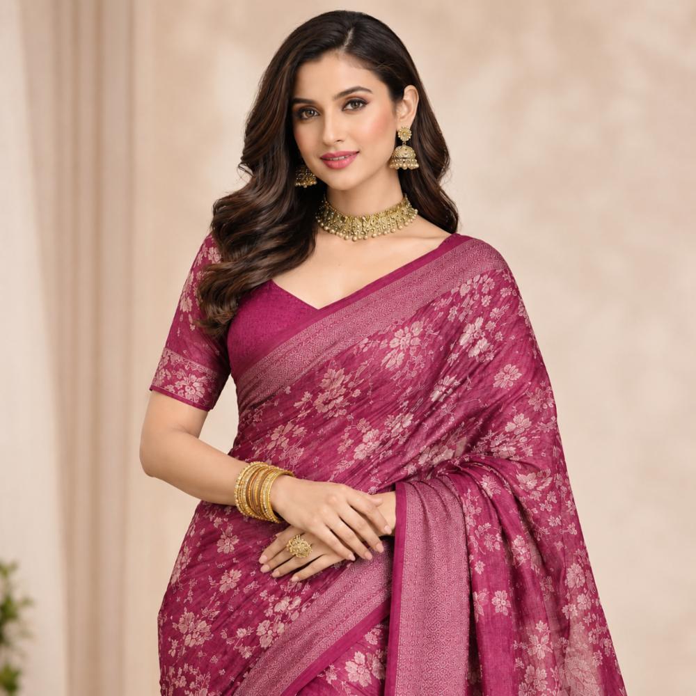 Wine Pink Floral Printed Saree with Woven Border & Blouse