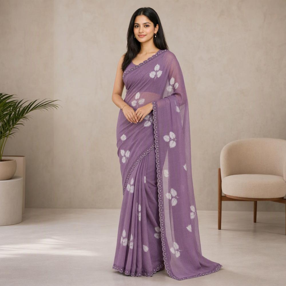 Purple Floral Printed Saree with Lace Border & Blouse