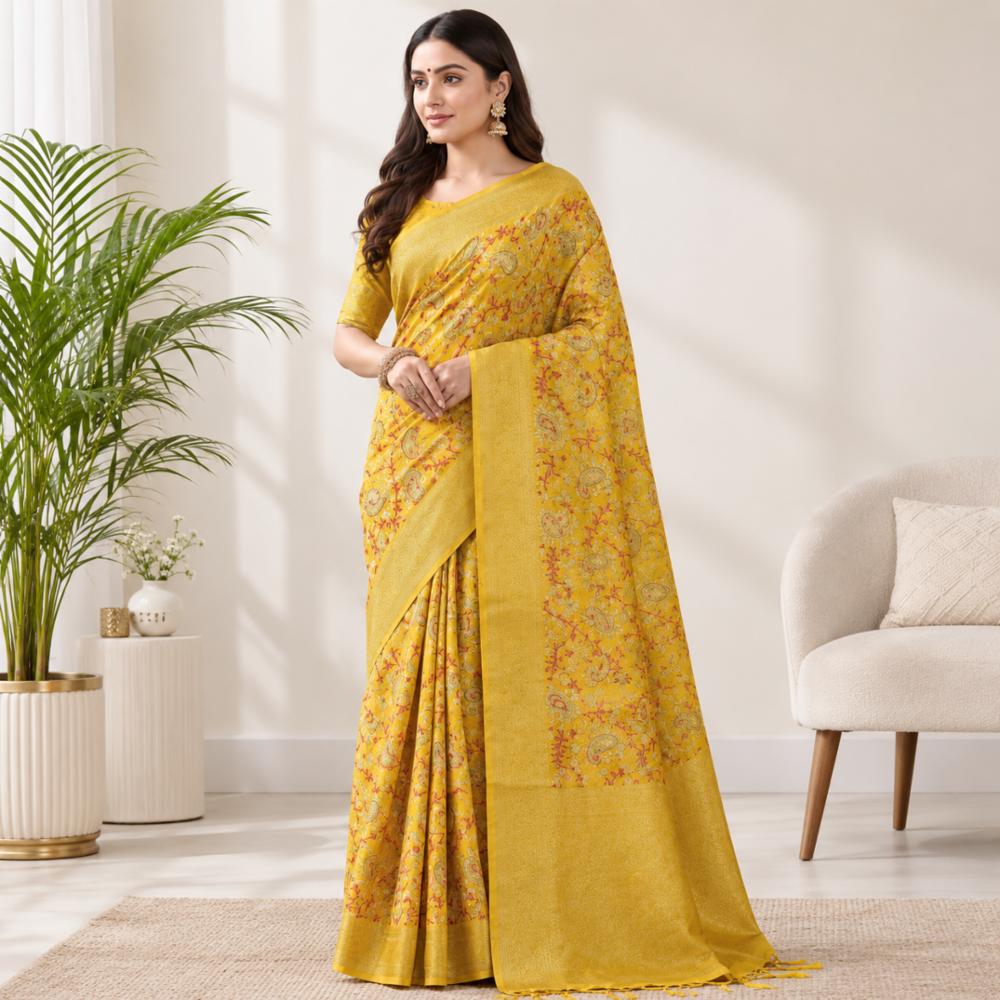 Yellow Golden Silk Saree with Floral Embroidery and Designer Border