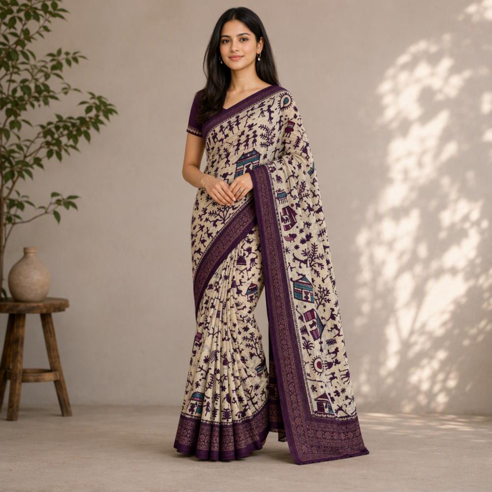 Cream & Purple Cotton Saree with Traditional Tribal Print and Contrast Border