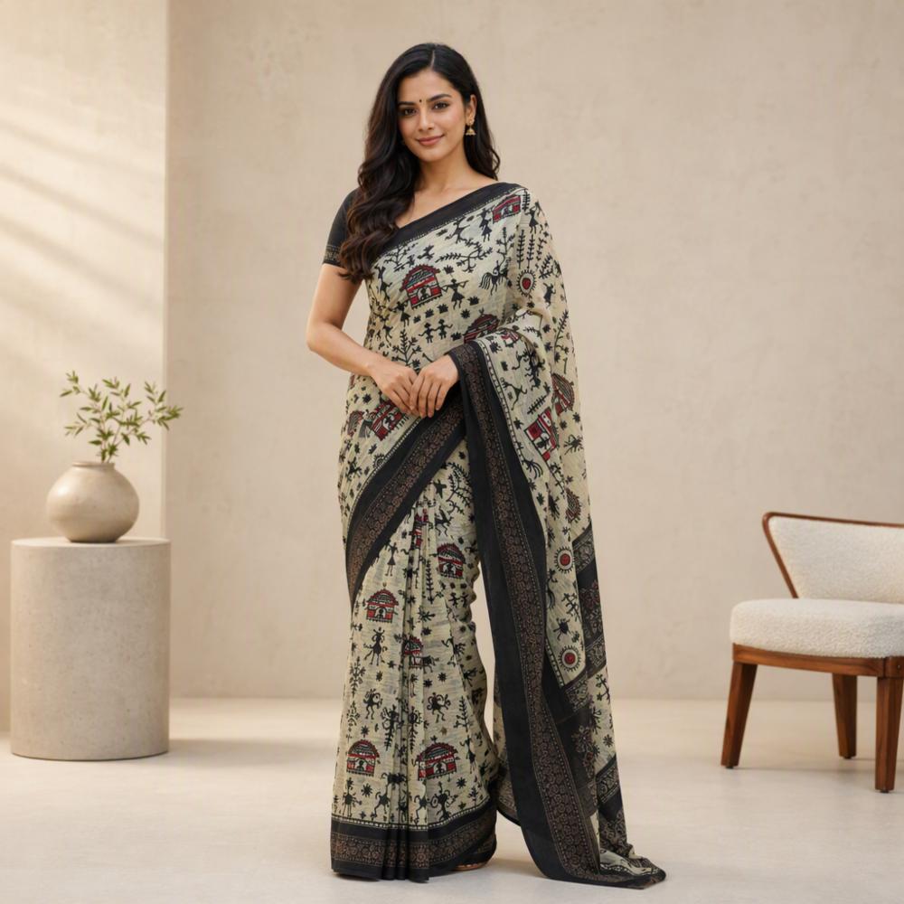 Cream Hand Block Print Saree with Black & Red Tribal Motifs