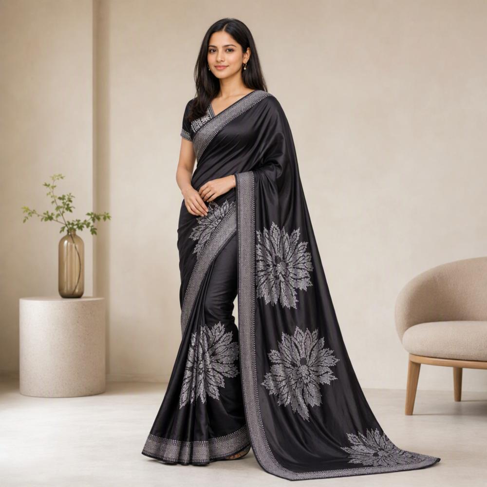 Black Silk Saree with Silver Floral Embroidery and Silver Designer Border