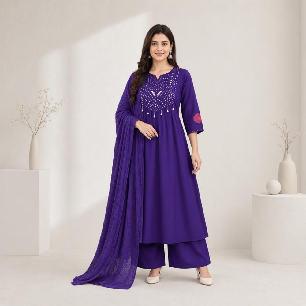 Purple Anarkali Cotton 60X60 Kurta Set for Women with Copper Foil Mirror Work