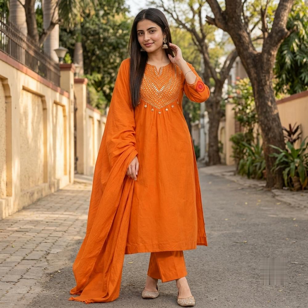 Pure Cotton Anarkali Kurta Palazzo Dupatta Set with Mirror Work