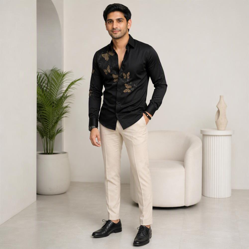 Cotton Shirt and Pant Fabric Black with Gold Embroidery