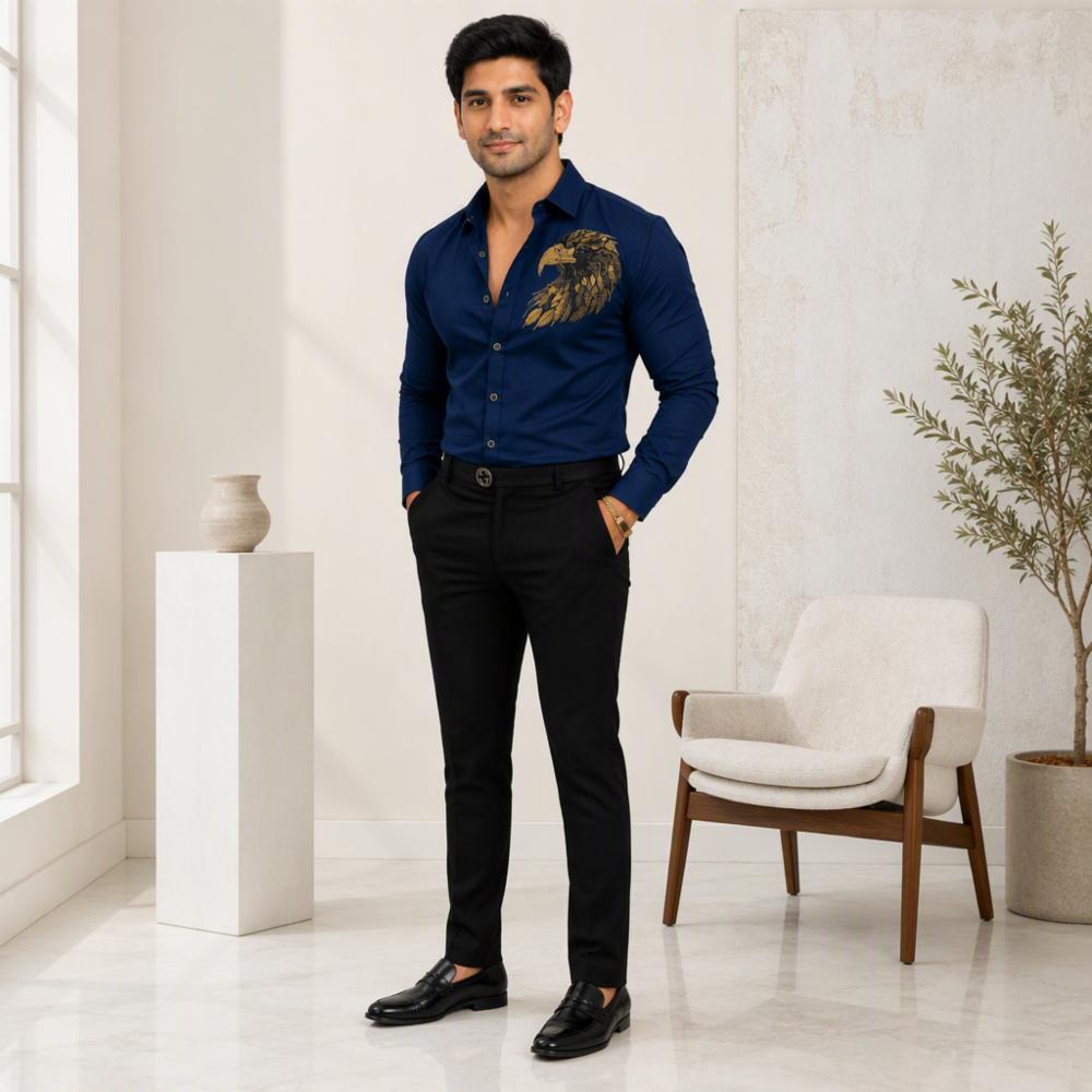 Blue Cotton Shirt & Black Bottom Ethnic Set
