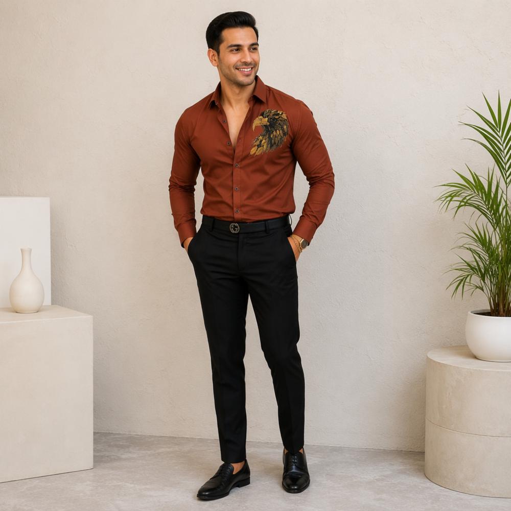 Cotton Shirt and Pant Fabric with Golden Eagle Embroidery