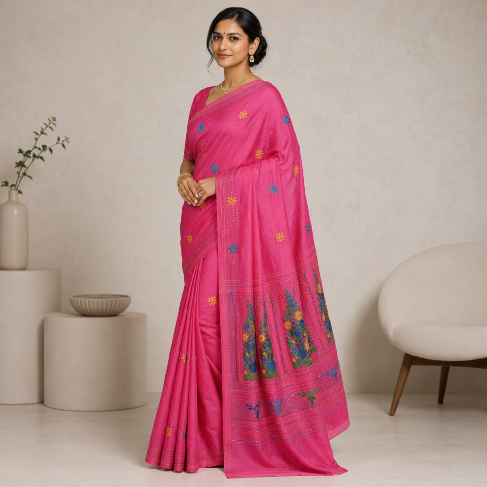 Bullion Stitch Hand-Embroidered Saree with Blouse Piece