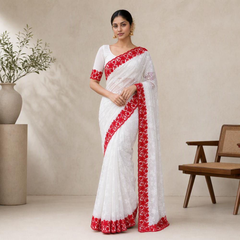White and Red Thread Embroidered Soft Georgette Saree with Blouse