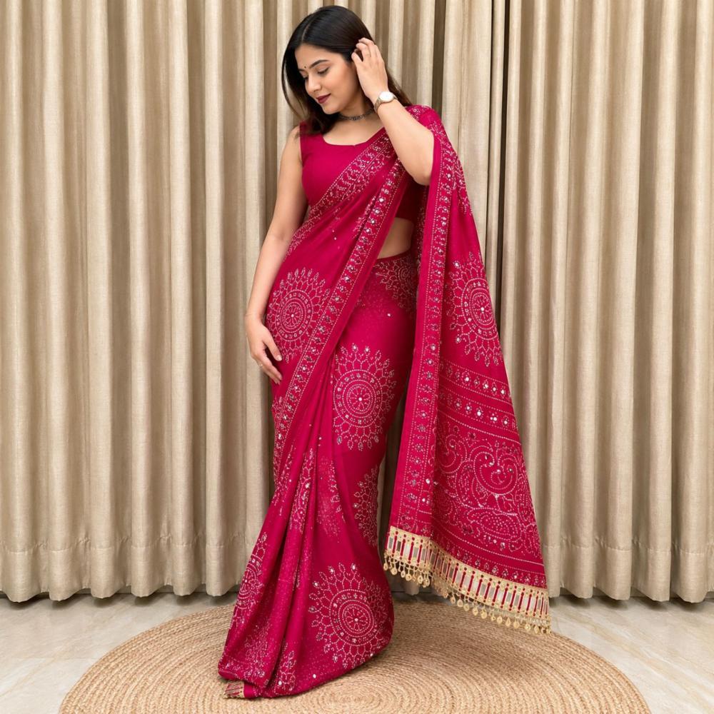Bandhani Japan Satin Silk Saree with Designer Peacock Pallu & Mirror Lace Border