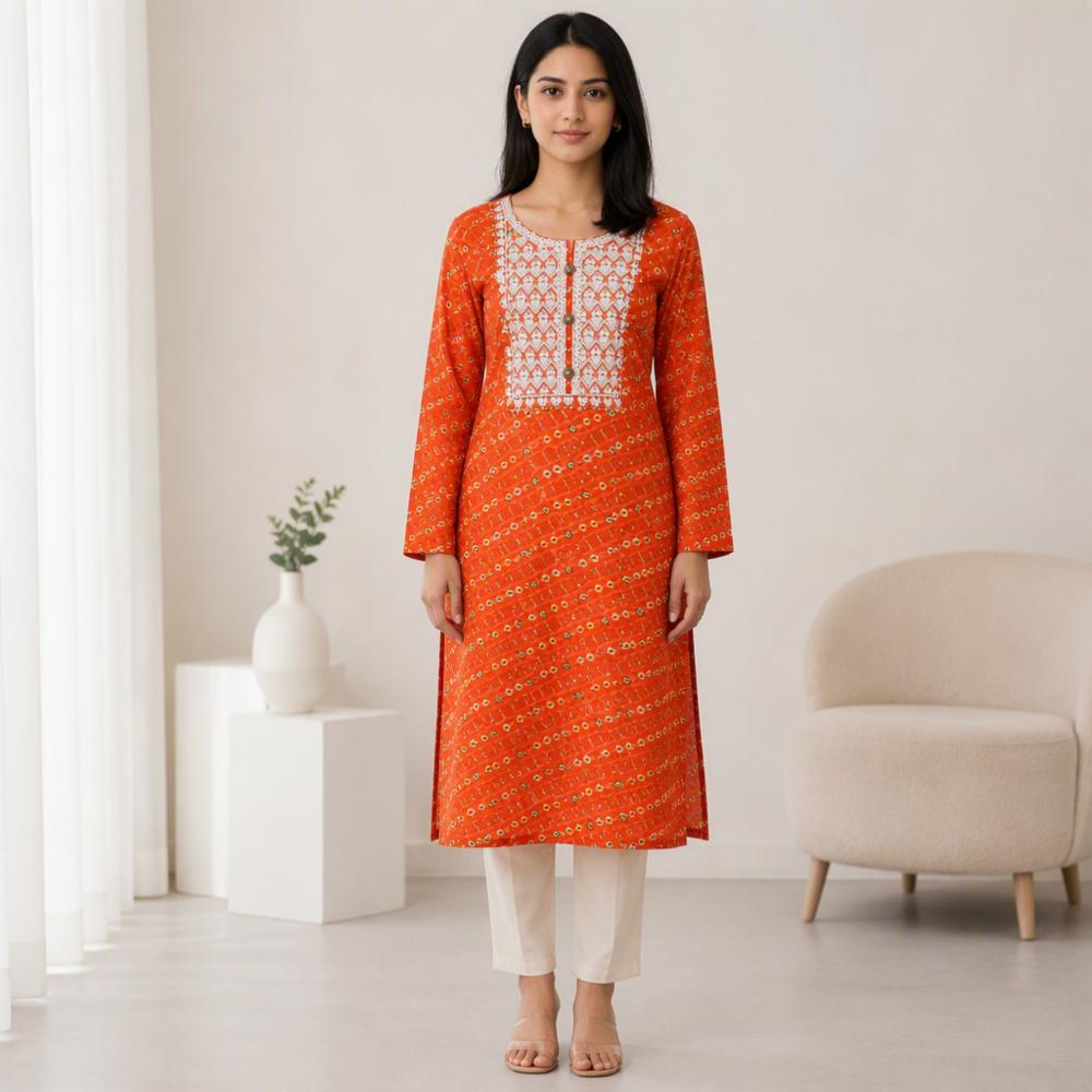 Grey Printed Embroidered Womenâs Kurta, Full Sleeves