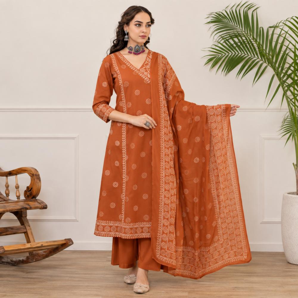 Cotton Discharge Print Angrakha Style Kurti Set with Dupatta