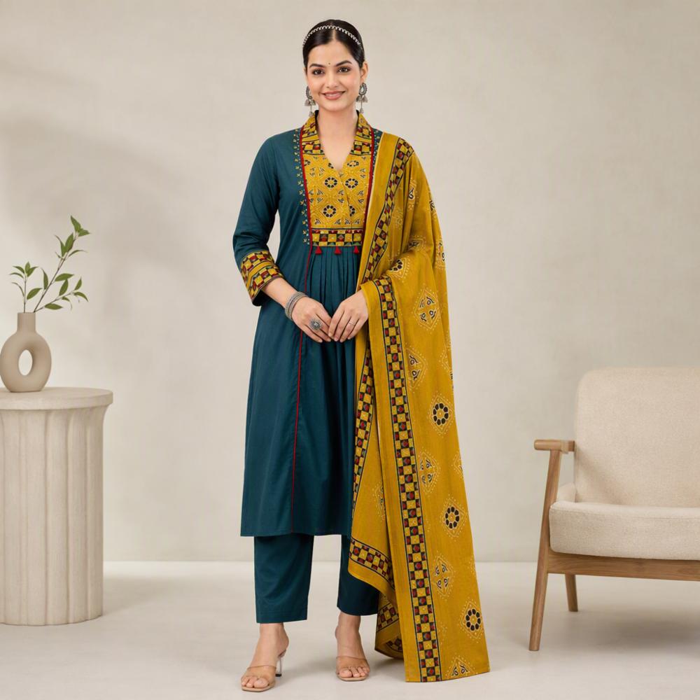 Mal Cotton Digital Print Anarkali Kurta Set with Mirror and Menuwal Work