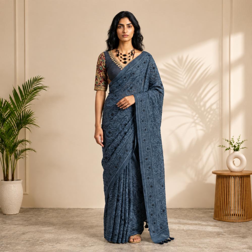 Pure Mal Cotton Embroidery Work Saree with Blouse Piece