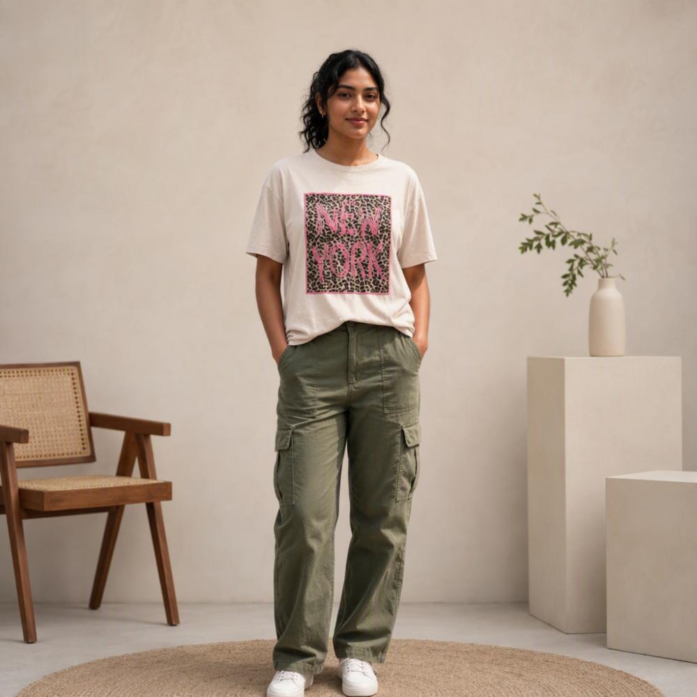 Women Beige New York Leopard Print T-shirt - Korean Original Surplus - Bust 40 Length 25