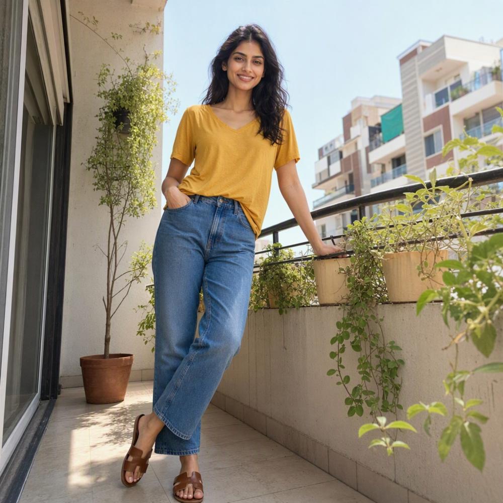 Womenâs Mustard Yellow Solid Cotton V-Neck T-Shirt
