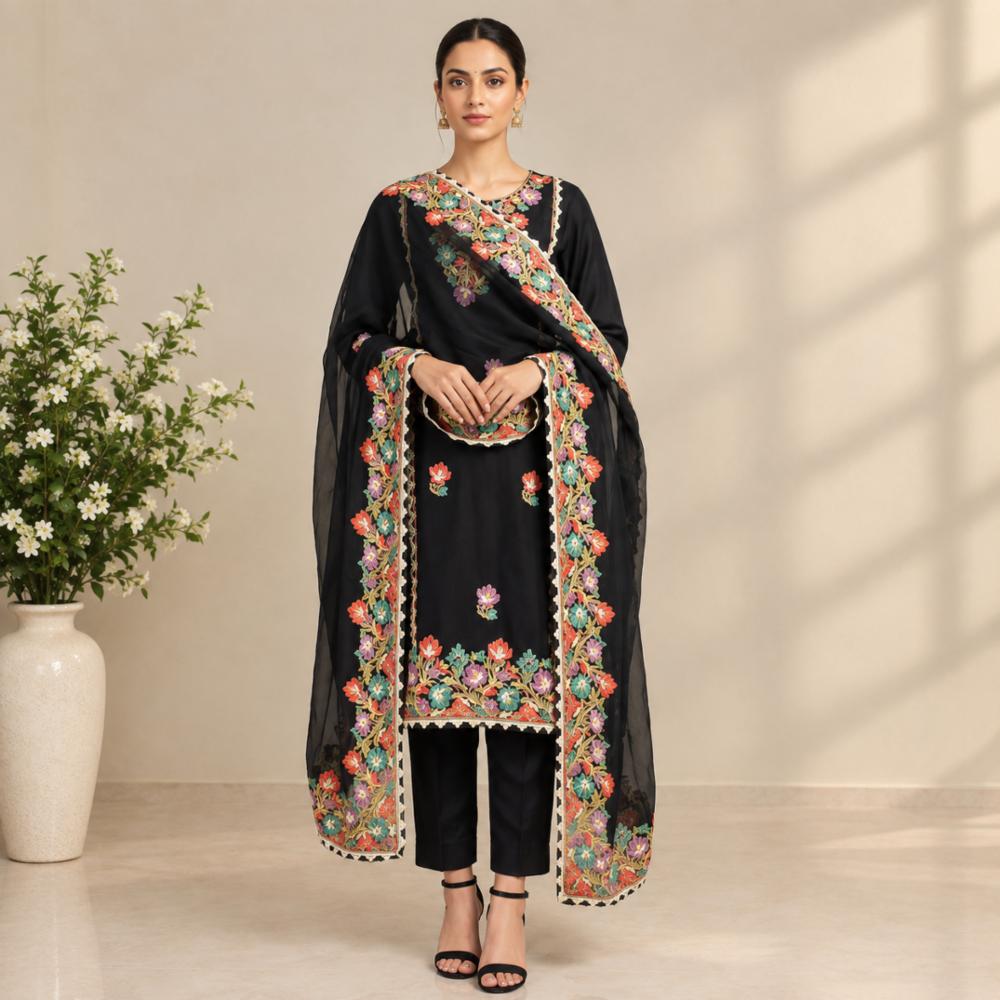 Black Rayon Cotton Kashmiri Aari Work Unstitched Suit
