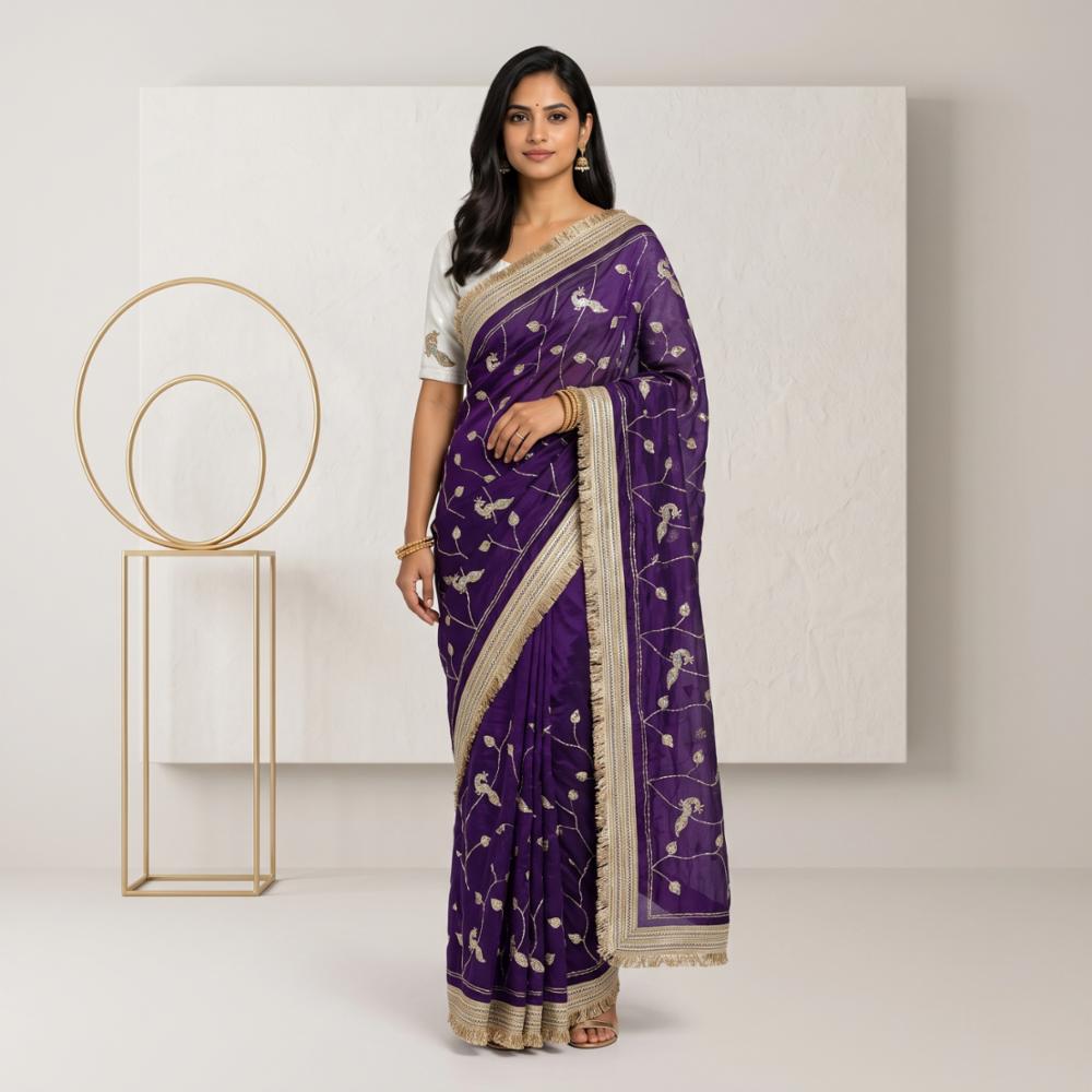 Space Silk Saree with Fancy Bhungali and Sequin Work, Contrast Blouse