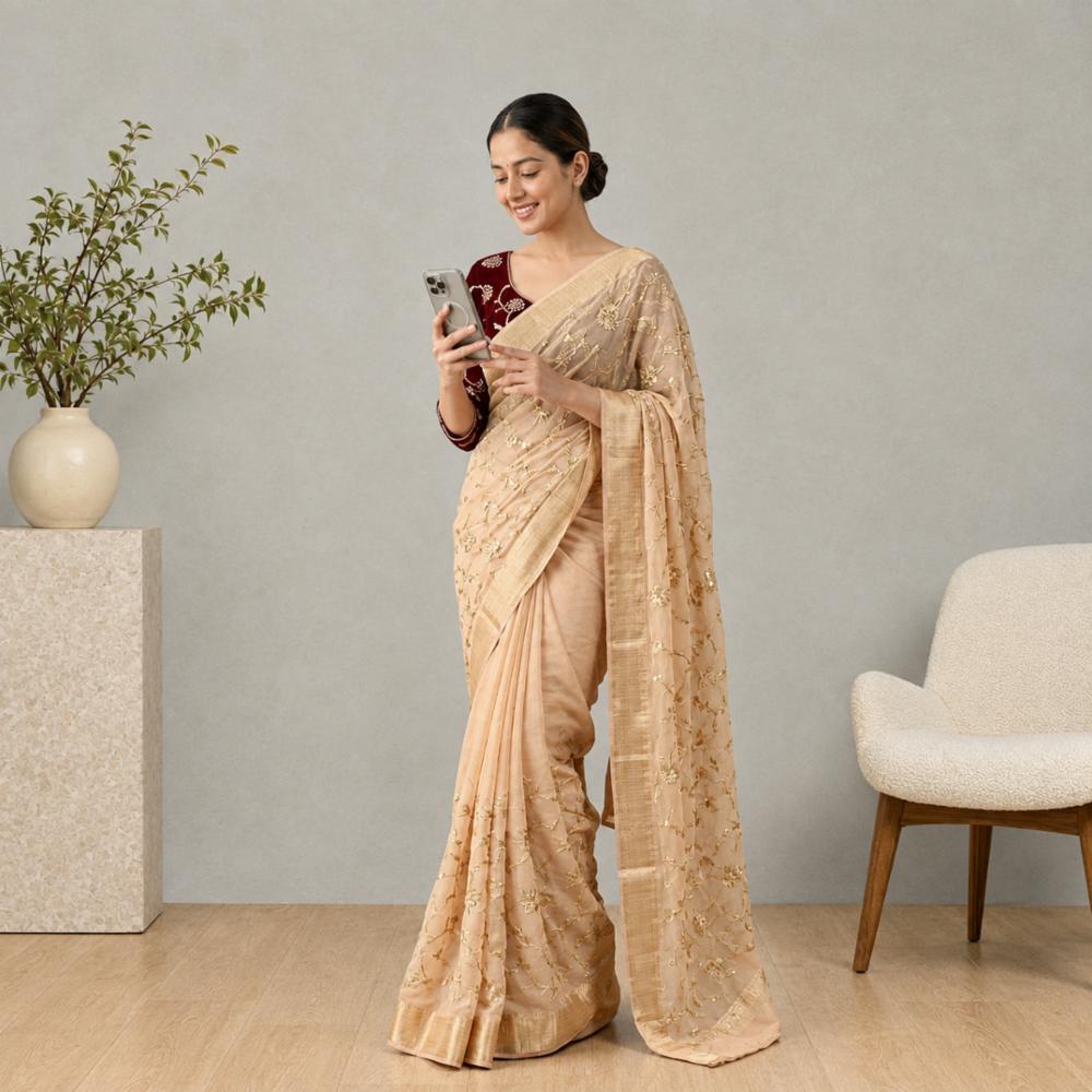 Pure Viscose Georgette Satin Patta Embroidered Saree with Fancy Border & Blouse