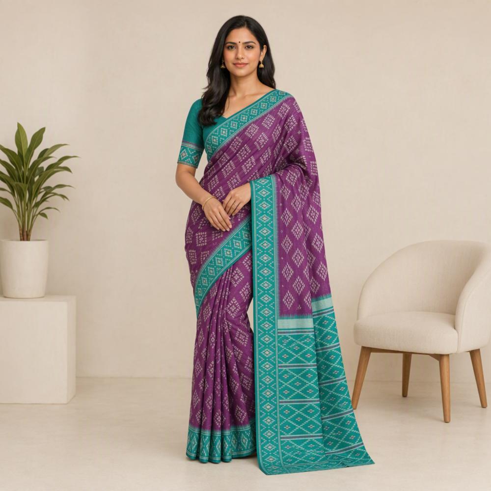 Premium Woven Silk Blend Ikkat Silk Saree with Blouse Piece