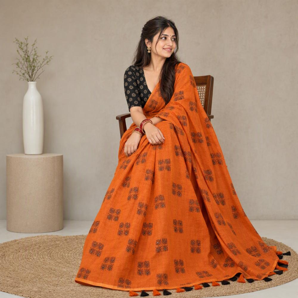 Pure Linen Cotton Saree with Aari Mirror Work and Tassels