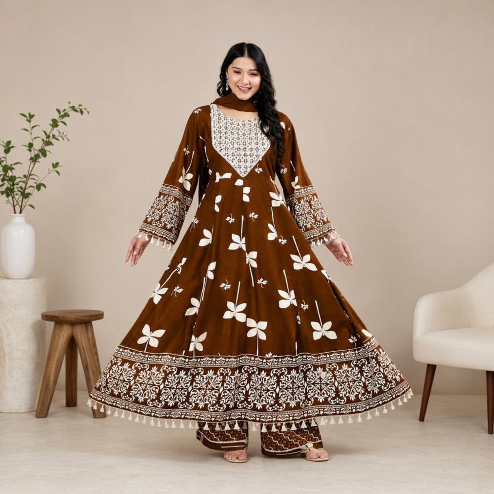 Womenâs Brown Floral Printed Anarkali Kurta Set with Palazzo & Dupatta