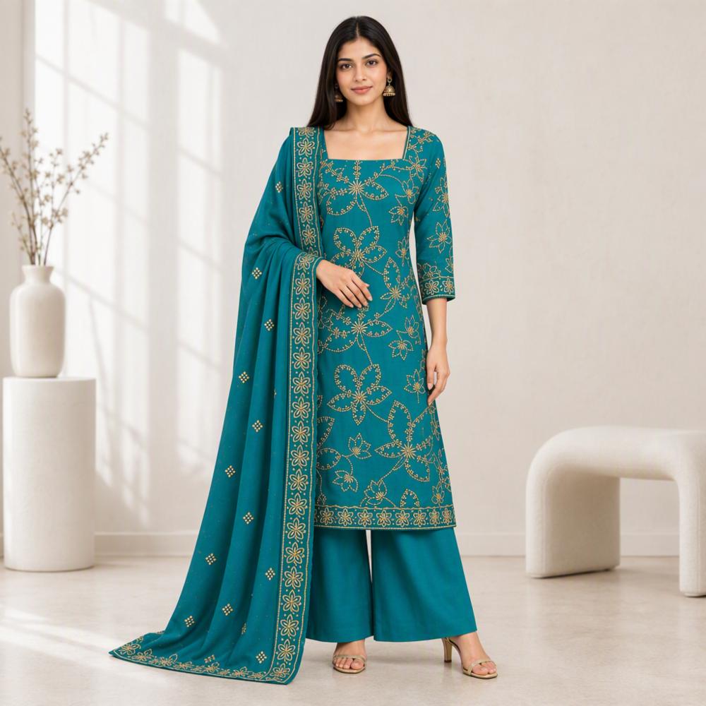 Unstitched Heavy Embroidery Vichitra Silk Suit Material with Zari Work