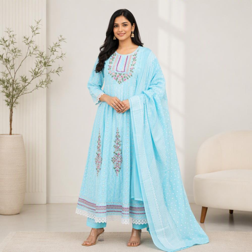Womenâs Sky Blue Floral Embroidered Anarkali Kurta Set with Pants & Dupatta