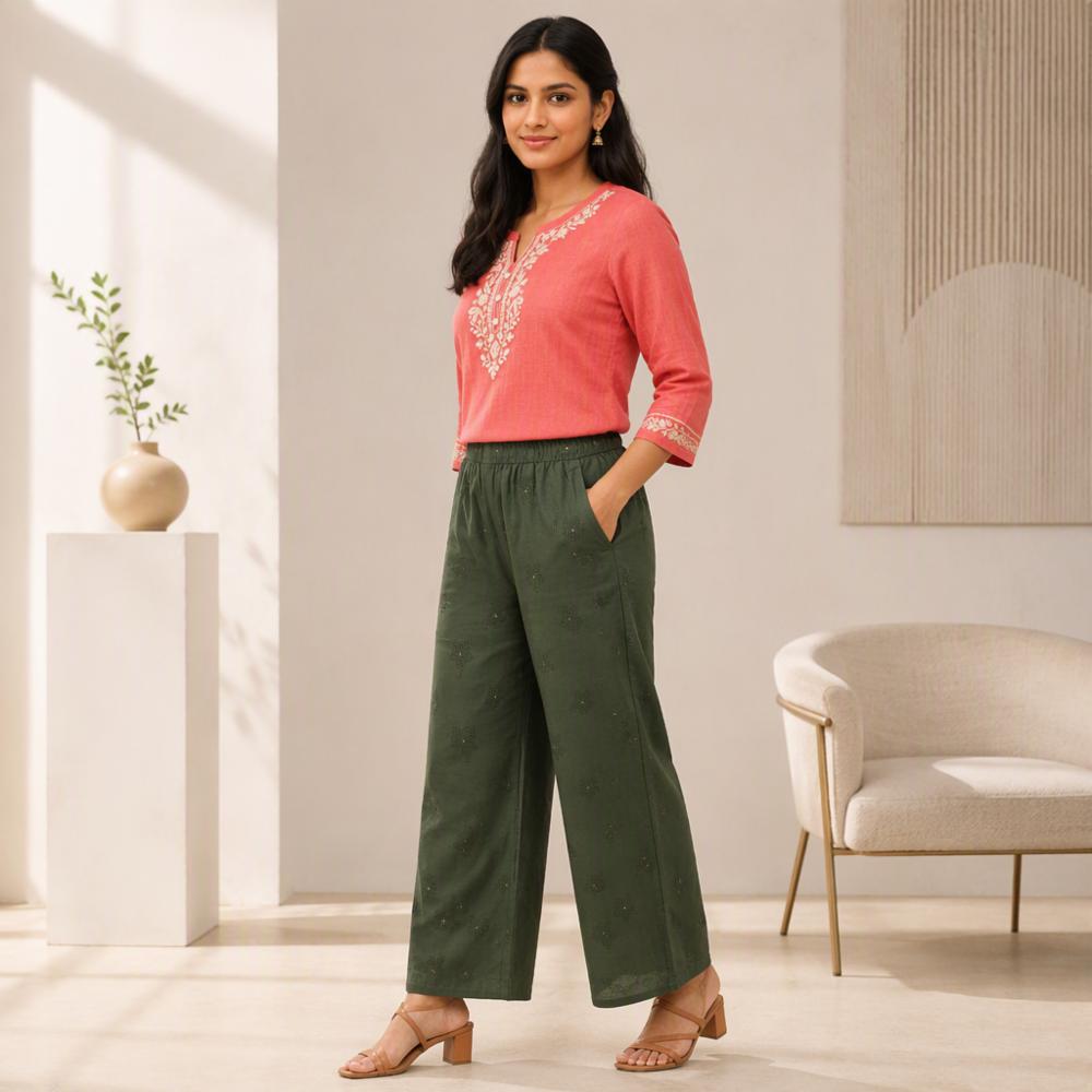 Printed Poly Cotton Palazzo Pants with Floral Print and Side Pocket