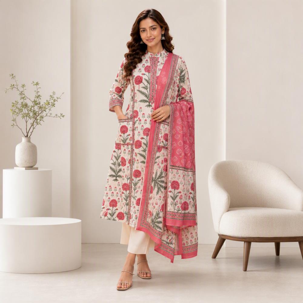 Pink Floral Printed Cotton Kurta Set with Dupatta