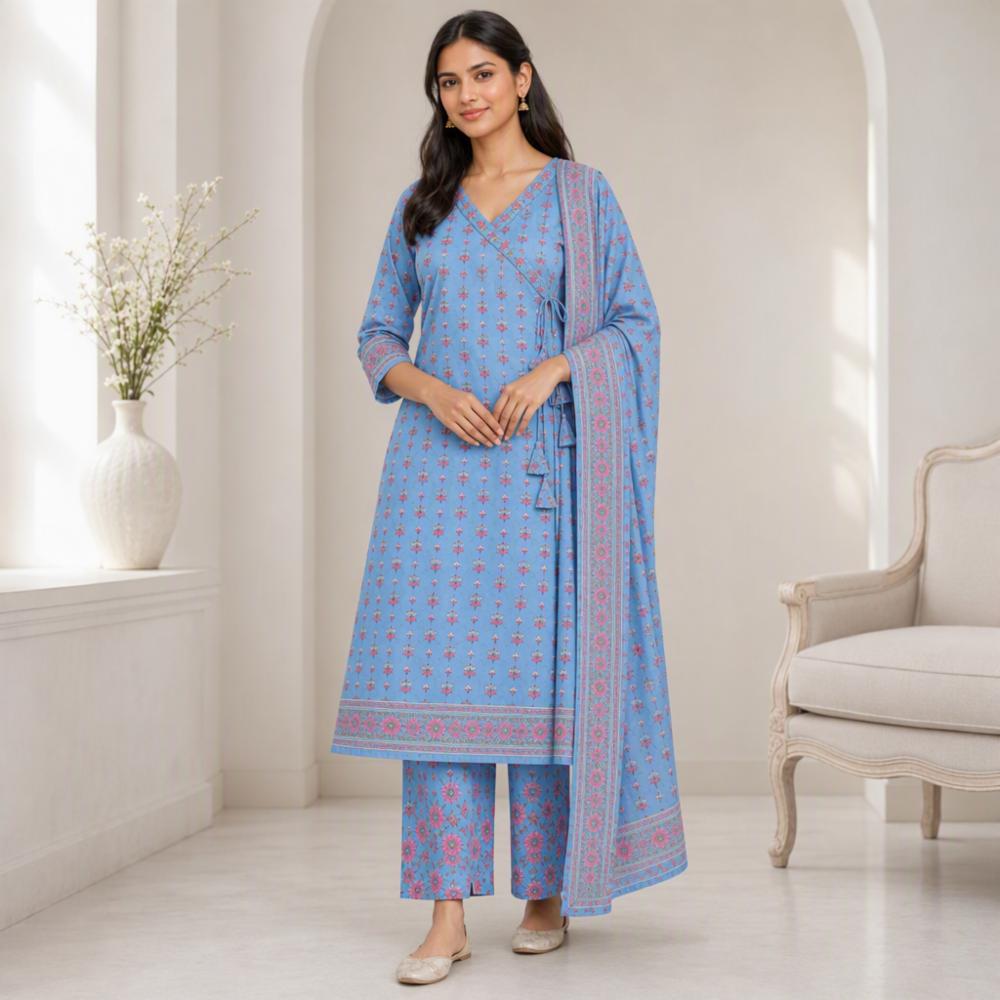 Powder Blue Cotton Angarakha Kurta Set with Dupatta and Floral Print