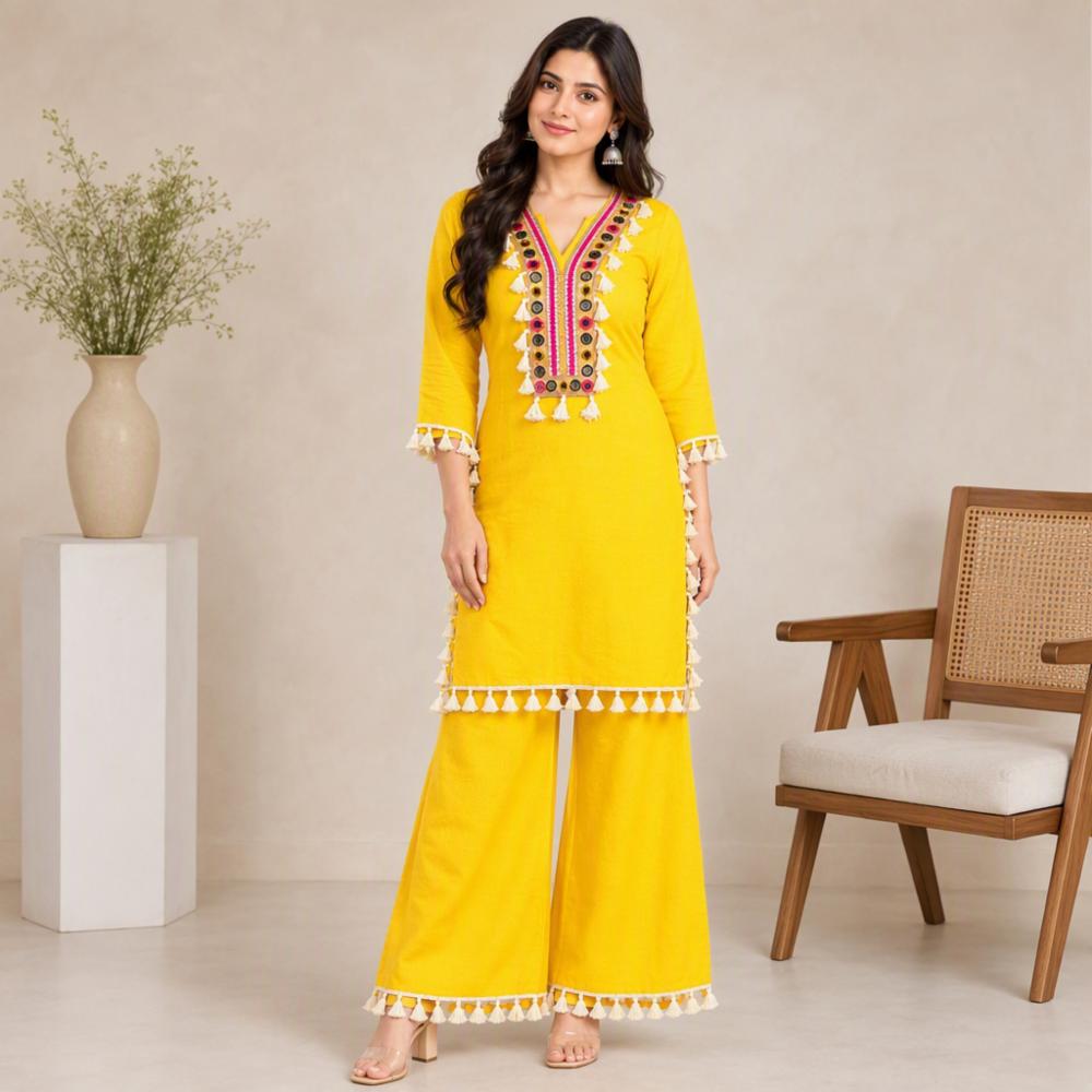 Womenâs Yellow Embroidered Farshi Suit Set with Tassel Border