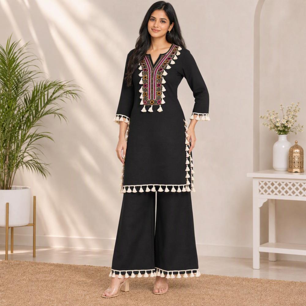 Womenâs Black Embroidered Farshi Suit Set with Tassel Details
