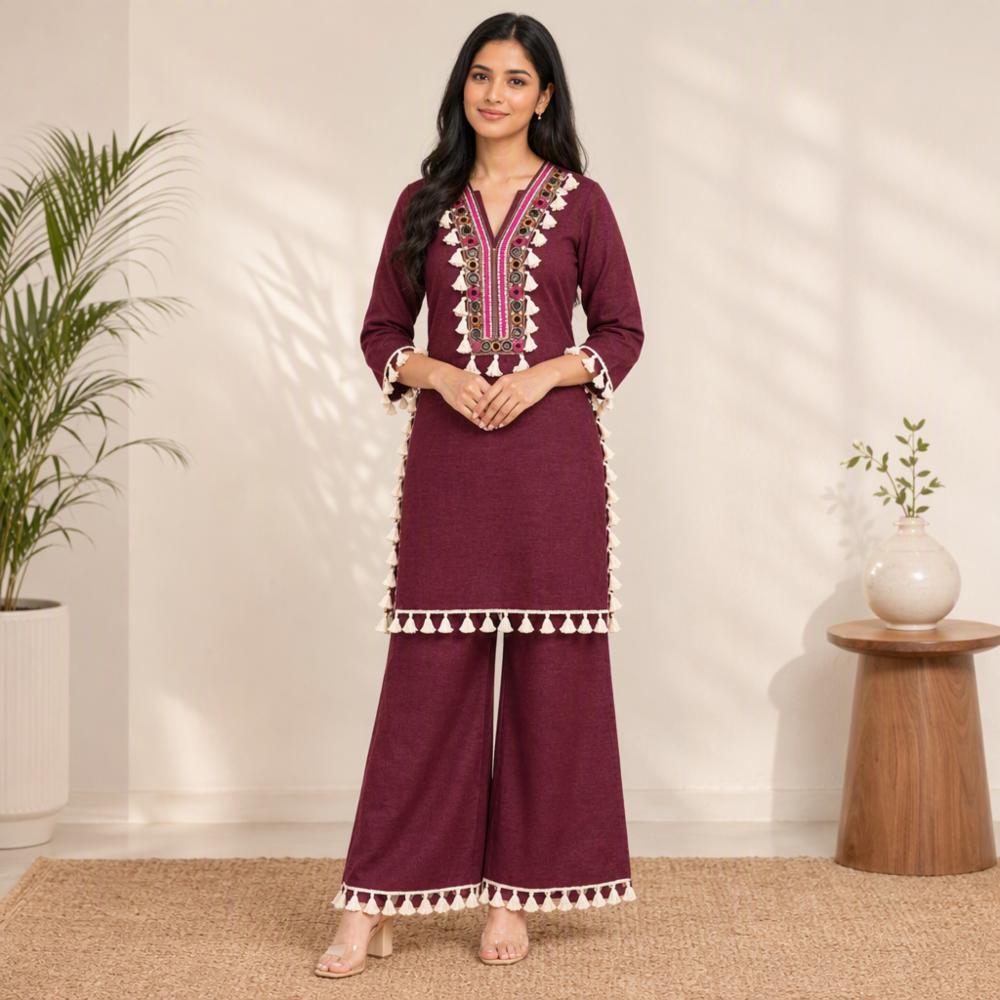 Womenâs Wine Embroidered Straight-Cut Kurta and Farshi-Style Bottom Set with Tassels