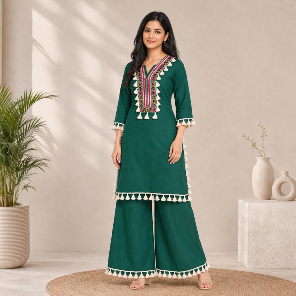 Womenâs Green Embroidered Farshi Suit Set with Tassel Detailing
