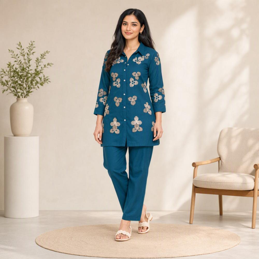 Womenâs Teal Blue Floral Embroidered Shirt Style Kurta with Pant Set