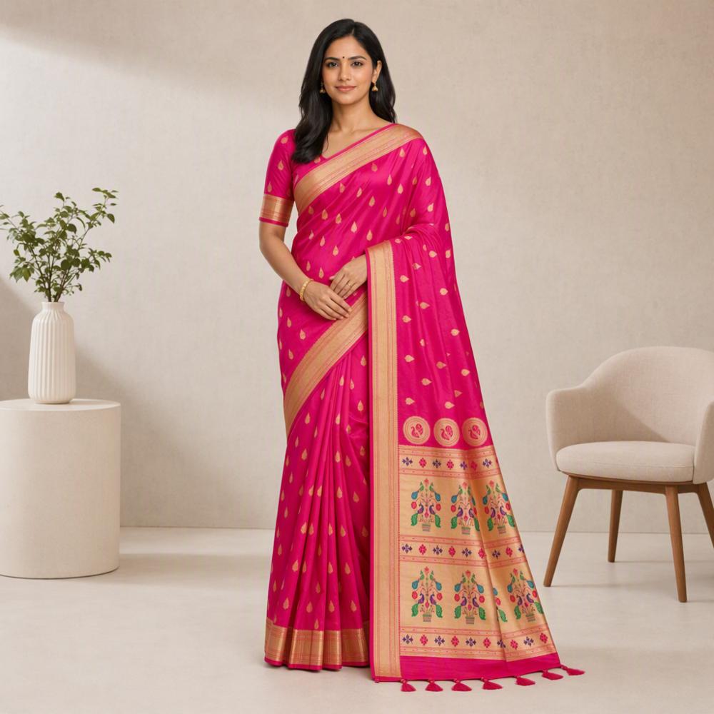 Soft Paithani Silk Saree with Woven Pallu & Blouse Piece