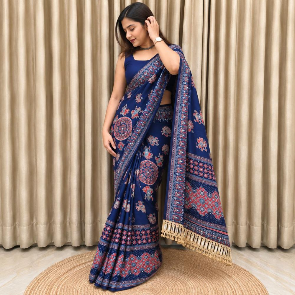 Bandhani Japan Satin Silk Saree with Peacock Pallu & Mirror Lace Border