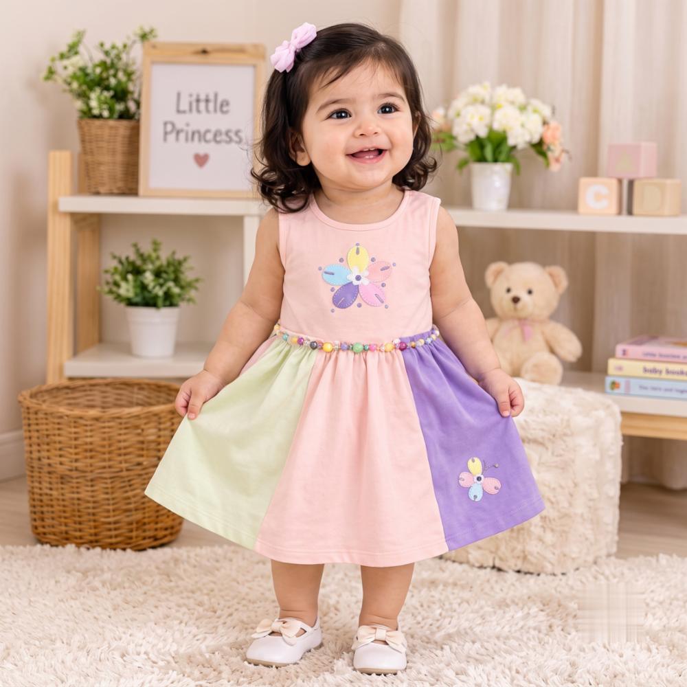 Baby Girl Pastel Multicolor Floral Frock Dress with Pearl Waist Belt