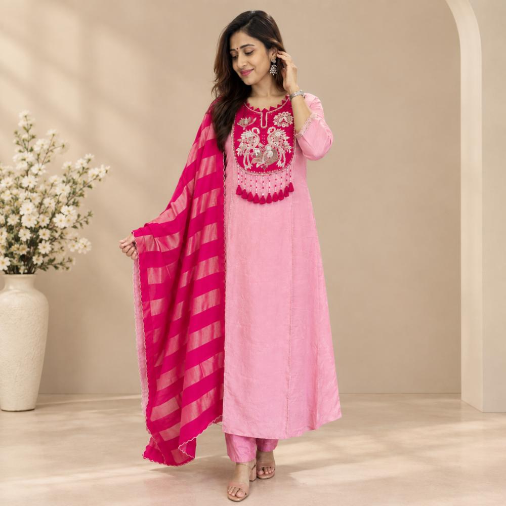 Mul Chanderi Cotton 3pcs Suit with Banarasi Dupatta and Handwork Neck