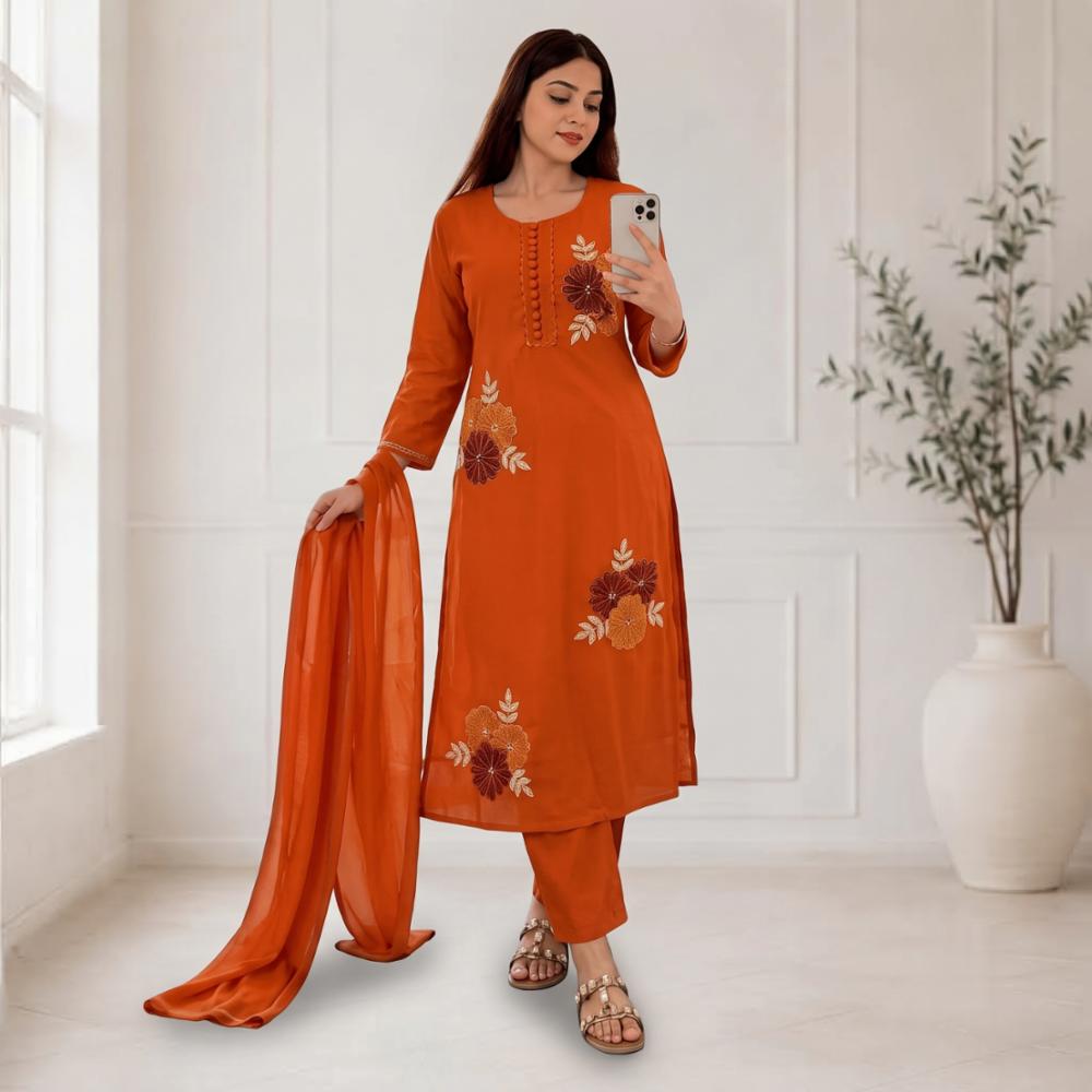 Cotton 60X60 Embroidery Kurti with Pant and Dupatta
