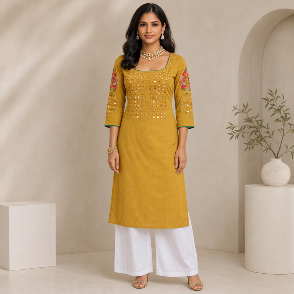 Pure Cotton 60/60 Kurti with Hand Stitch and Mirror Work