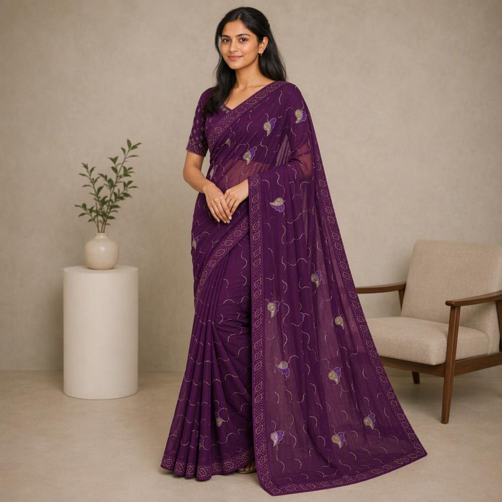 Elegant Purple Georgette Embroidered Saree with Running Blouse