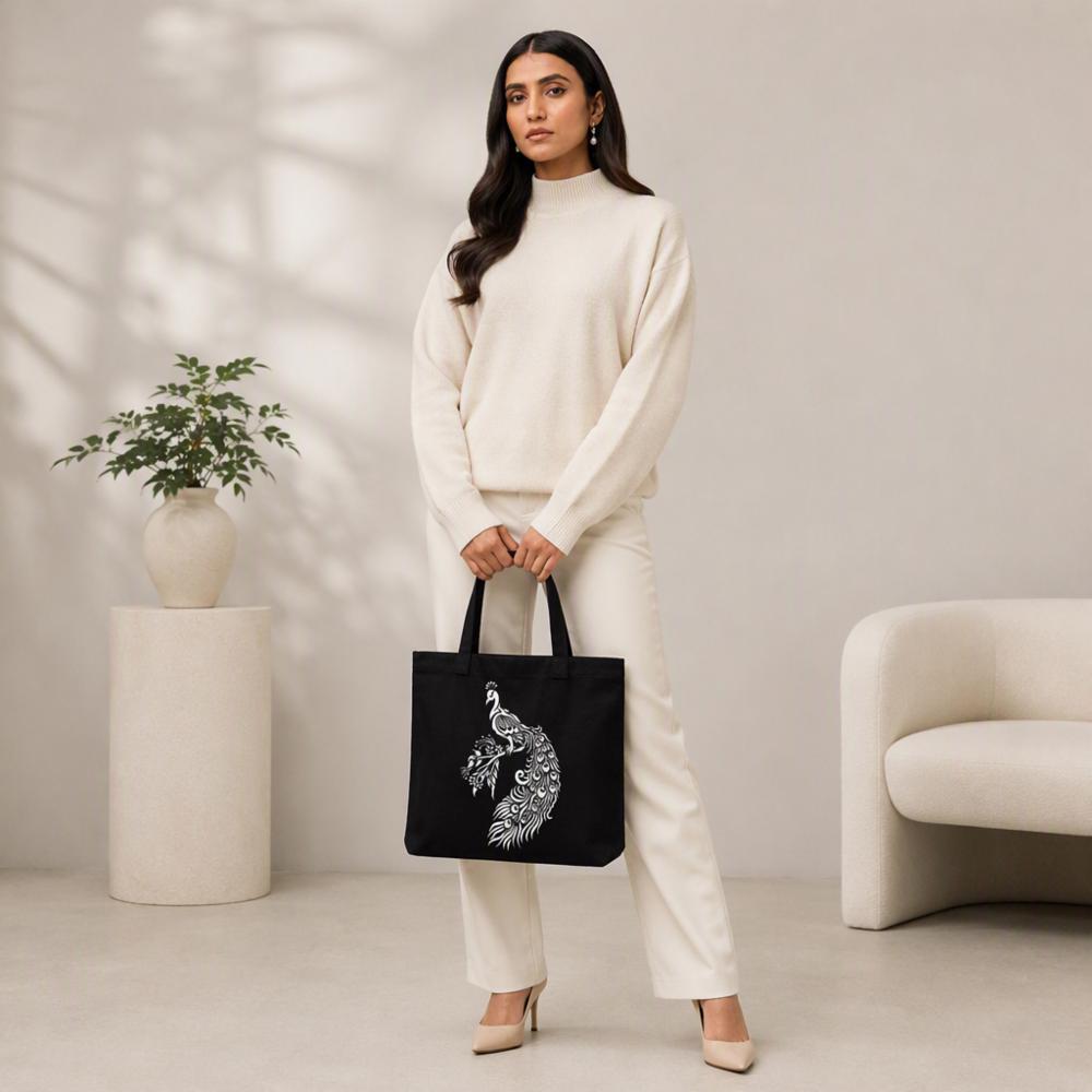 Black Cotton Tote Bag with White Peacock Print for Women