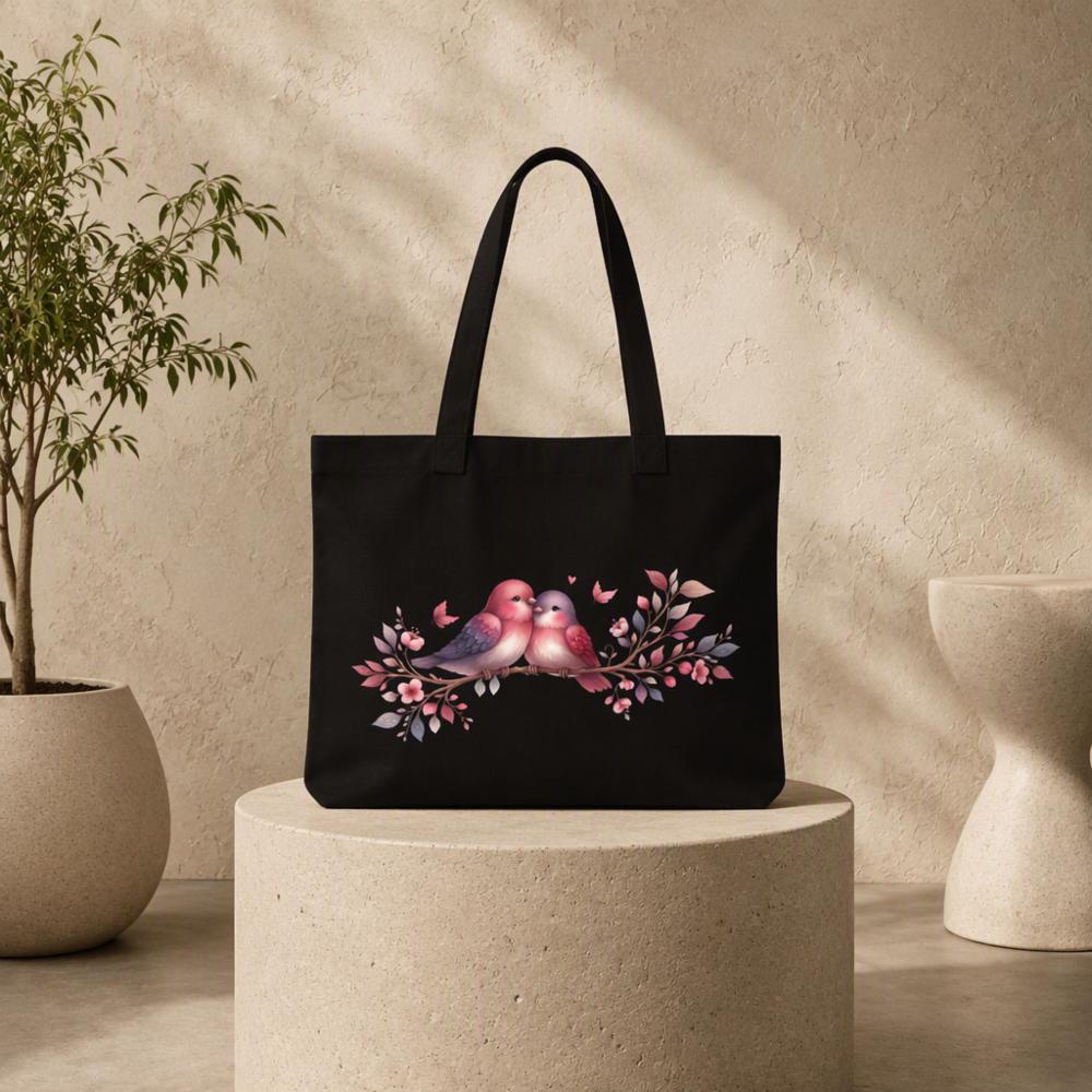 Black Cotton Canvas Tote Bag with Love Birds Floral Print for Women