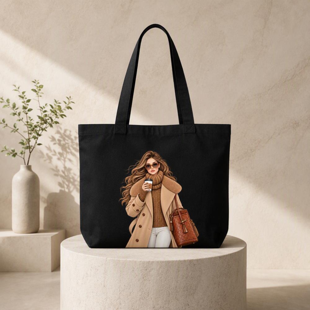 Women's Black Cotton Canvas Tote Bag with Fashion Girl Print